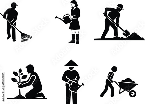 People doing gardening and landscaping work with tools and plants