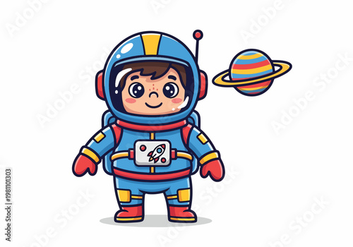 Adorable cartoon astronaut character with a smiling face and a planet in outer space