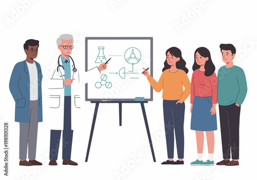 Senior Doctor teaching a group of medical students and researchers using a whiteboard with scientific diagrams in a classroom setting.