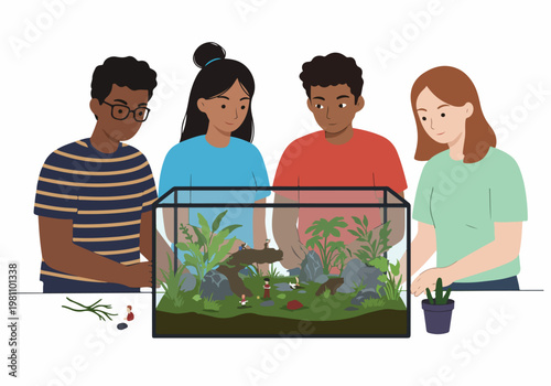 Diverse group of young friends collaboratively building a lush terrarium in a glass tank, flat vector illustration.