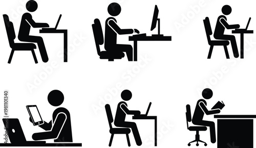 People working on computers and laptops in various office settings and positions