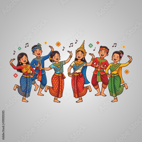 Vibrant illustration of joyful dancers performing traditional Southeast Asian folk dance in colorful festive attire