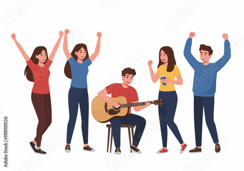 A happy group of young friends dancing and cheering while one person plays an acoustic guitar, flat vector illustration.