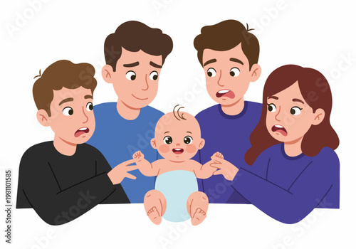 A group of surprised and confused adults looking at a smiling baby, a comical illustration of parenthood and babysitting challenges.