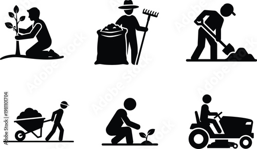 Silhouette icons of people doing gardening and landscaping activities