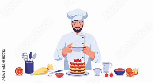 Male Professional Pastry Chef in Uniform Decorating a Layered Strawberry Cake with Powdered Sugar, Flat Vector Illustration