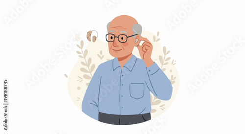 Illustration of an elderly man wearing glasses and adjusting his hearing aid, representing hearing health and senior care technology.