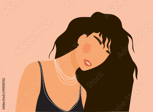 Woman Character Portrait. Dreamy Whimsical Cute Abstract Person Face. Romantic Bride Brunette Face with Long Floating  Hair. Happy Positive Lifestyle Vibes. Young Minimalist Person Avatar Graphic Art 