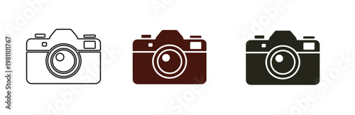A minimalist illustration of three camera icons in different colors on a clean white background
