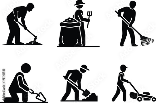 silhouette of people doing yard work and gardening activities