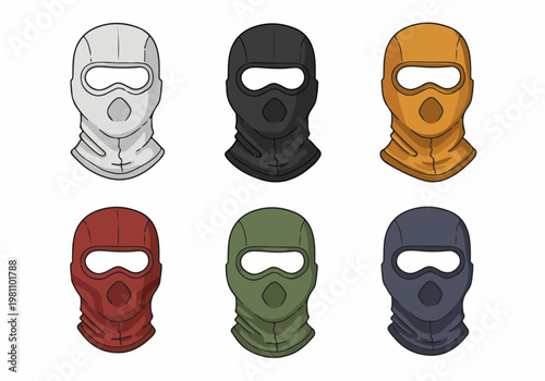 Collection of six colorful balaclava ski masks or tactical headgear illustrations on a white background