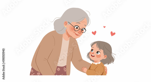 Heartwarming cartoon illustration of a loving grandmother and her granddaughter sharing a tender moment with hearts on a clean white background.