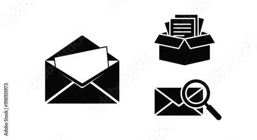 Black icons depicting mail a box and a magnifying glass silhouette