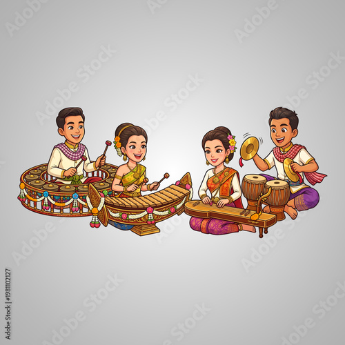 Vibrant Cartoon Illustration of Thai Musicians Playing Traditional Instruments in Beautiful Cultural Attire