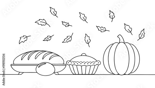 Autumn harvest bounty with bread pie and pumpkin under falling leaves line art