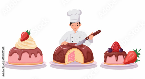 Professional male pastry chef decorating delicious chocolate and strawberry cakes and desserts in a clean flat illustration style.