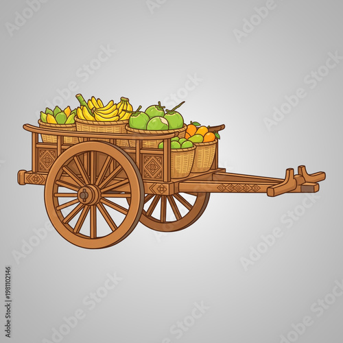 Colorful illustration of a traditional wooden cart loaded with fresh tropical fruits in woven baskets