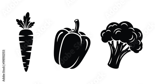 Black silhouettes of a carrot pepper and broccoli illustration silhouette