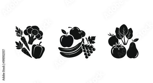 Black silhouettes of various fruits and vegetables arranged in groups