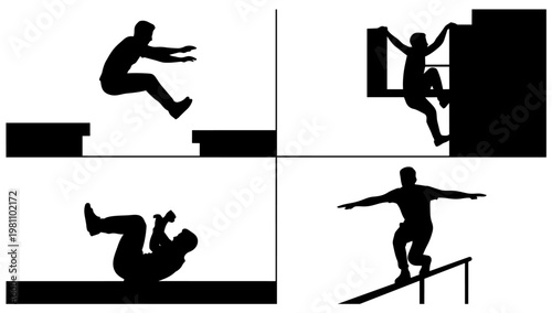 Silhouette illustration of people performing parkour and physical activities, representing movement, agility, and urban sports concepts for dynamic action design.