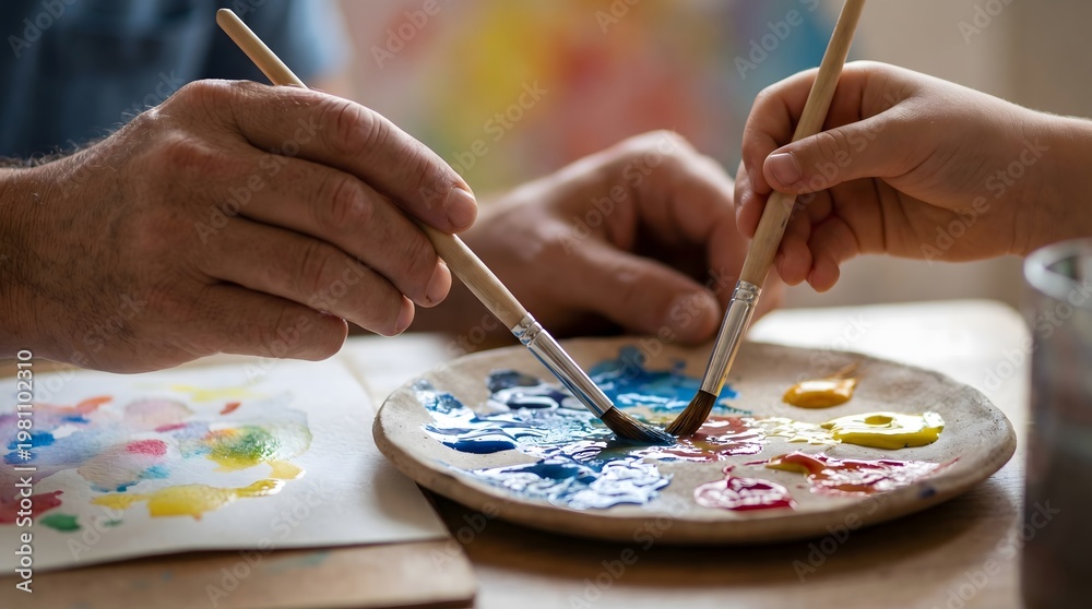 Fototapeta premium Close up of parent and kid painting together with brushes