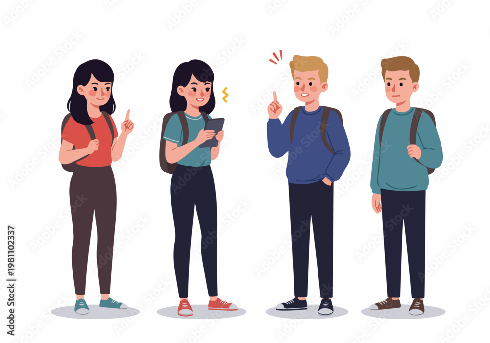 Fototapeta premium Diverse Group of Students with Backpacks Standing and Interacting in a Flat Illustration Style