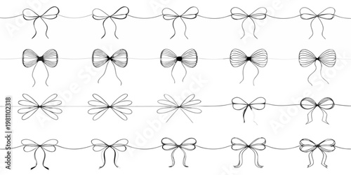 Collection of hand-drawn bows on a string for decorative use