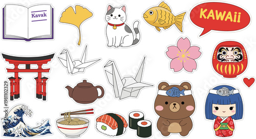 Japanese Kawaii Sticker Vector Set Featuring Lucky Cat, Sushi, Origami Crane, Ramen Bowl, and Cute Character Icons for Digital Planning