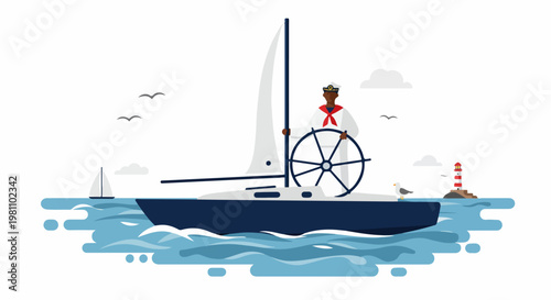 A flat vector illustration of a sailor at the helm of a yacht, sailing through ocean waves with a lighthouse and seagulls.