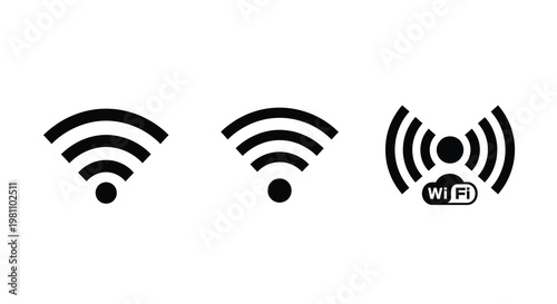 Three black wifi signal strength indicators in a minimalist silhouette