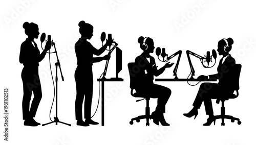 Silhouette illustration of people recording audio in a studio setup, representing podcasting, broadcasting, and professional media production environments.