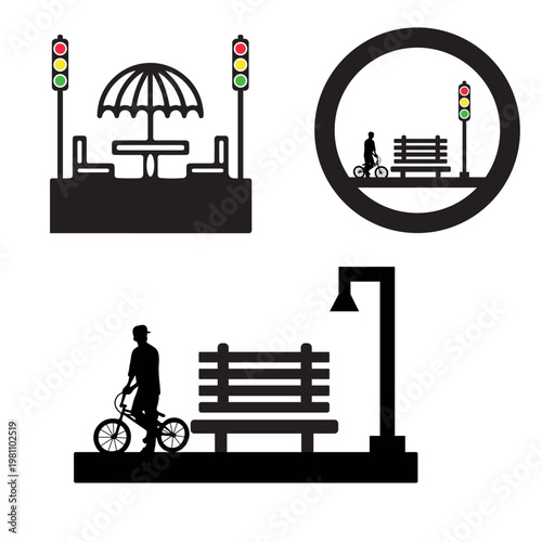 Urban park icons traffic lights benches and pedestrian elements