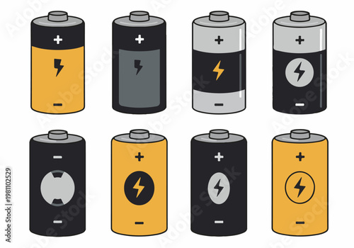 Set of flat battery icons with lightning bolt symbols and polarity signs in yellow, black, and silver for technology and mobile app design.