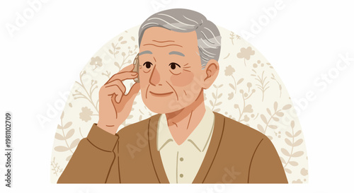 Flat illustration of an elderly Asian man adjusting a hearing aid, highlighting senior healthcare, hearing assistance, and wellness against a floral background.