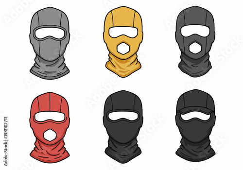 Set of six colorful tactical balaclava ski masks in various styles, including full face and visor options, isolated on a white background.