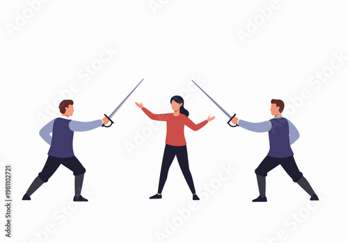 Flat Vector Illustration of a Fencing Competition with Two Men Dueling and a Female Referee Mediating the Match on a White Background