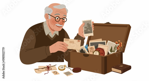 Elderly man looking through a wooden chest filled with old photographs, letters, and vintage memorabilia, reminiscing about the past.