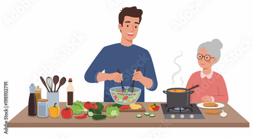 Young man and elderly woman cooking healthy meal together in a kitchen illustration