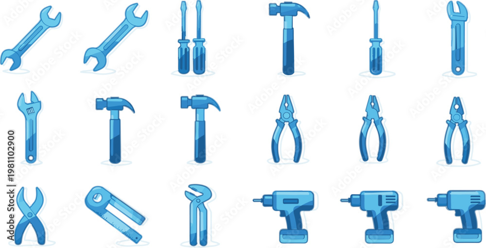 Fototapeta premium Hand tools and power drill collection with wrenches, hammers, pliers and screwdrivers, clean vector illustration set for repair, maintenance, construction and mechanical work design