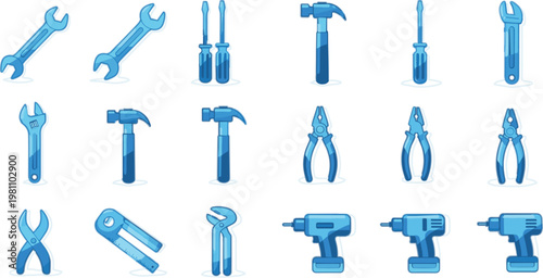 Hand tools and power drill collection with wrenches, hammers, pliers and screwdrivers, clean vector illustration set for repair, maintenance, construction and mechanical work design