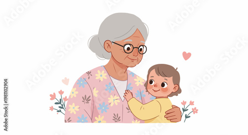 Heartwarming illustration of a loving grandmother embracing her young grandchild, featuring soft floral patterns and a clean white background.
