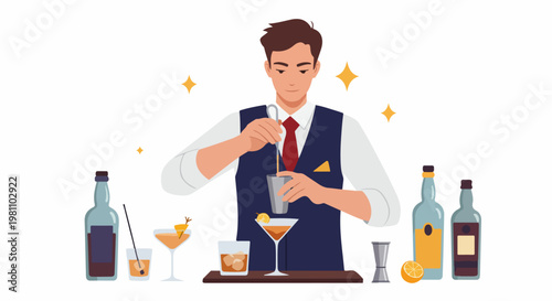 Flat Vector Illustration of a Professional Male Bartender Mixing Drinks Behind a Bar Counter with Cocktails and Bottles