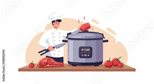 Professional chef preparing a meat dish in an electric pressure cooker with fresh tomatoes and raw meat on a kitchen counter illustration.