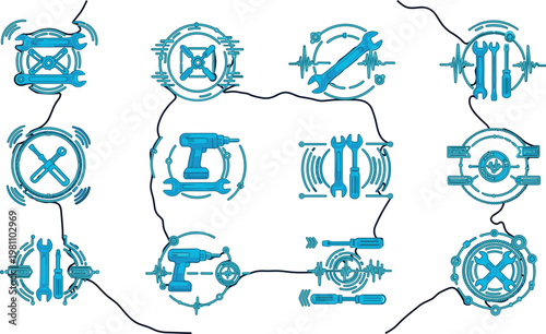 Mechanical tools emblem collection with circular tech style designs, modern vector illustration set for engineering, repair, maintenance, construction and industrial branding