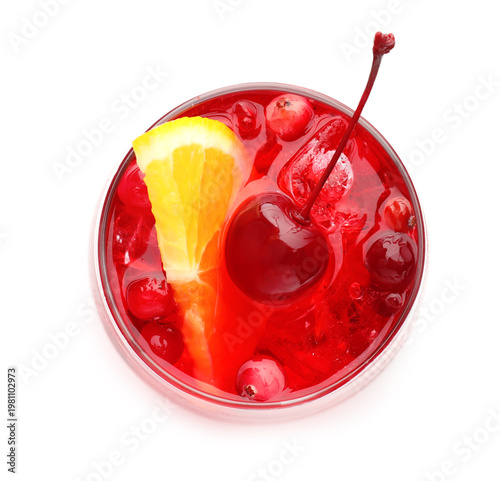 Konstfotografi Refreshing tropical cocktail with maraschino cherry, berries and orange slice is