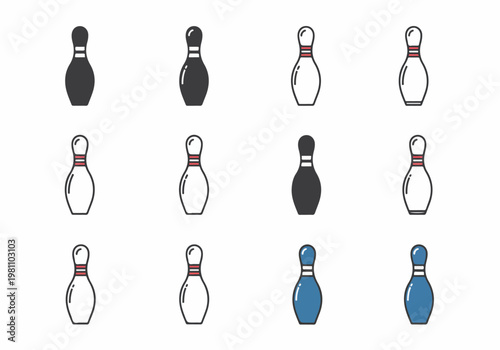 A versatile set of bowling pin icons in different graphic styles, featuring solid black, outlined, and colored designs for various creative projects.