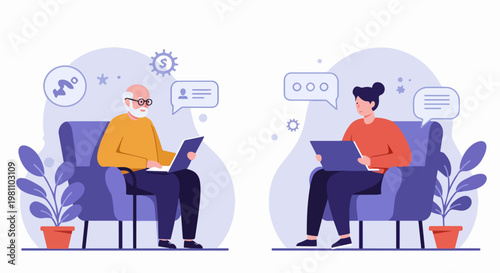 Flat Vector Illustration of a Senior Man and a Young Woman Working Remotely and Communicating Online Using Laptops from Home