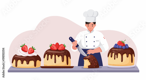 Professional Male Pastry Chef Cutting a Slice of Delicious Chocolate Cake with Berry Toppings in a Bakery Setting Illustration