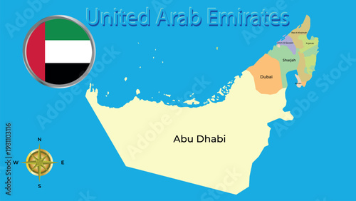 Detailed administrative map of United Arab Emirates with emirates, city names, Abu Dhabi capital and circular flag icon.
