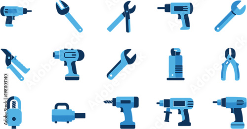 Power tools and hand tools icon collection with drills, wrenches and cutters, flat vector illustration set for repair, construction, maintenance and mechanical work design